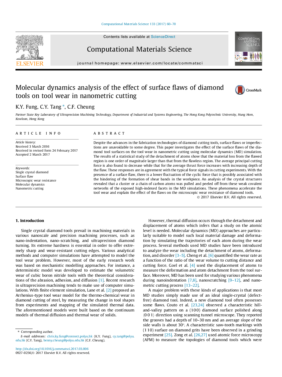 Molecular dynamics analysis of the effect of surface flaws of diamond tools on tool wear in nanometric cutting