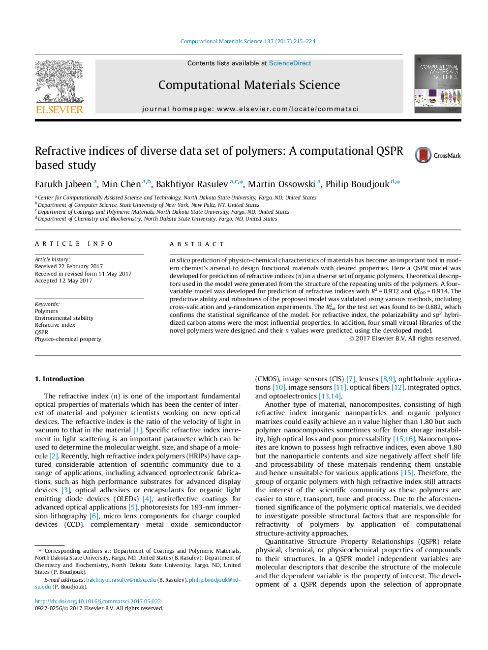 Refractive indices of diverse data set of polymers: A computational QSPR based study