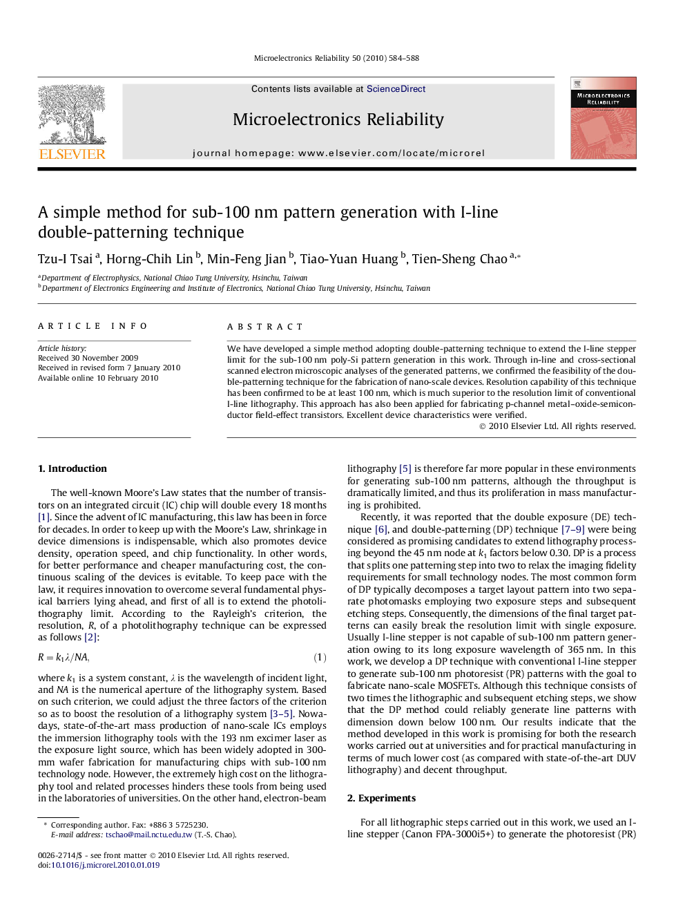 A simple method for sub-100 nm pattern generation with I-line double-patterning technique