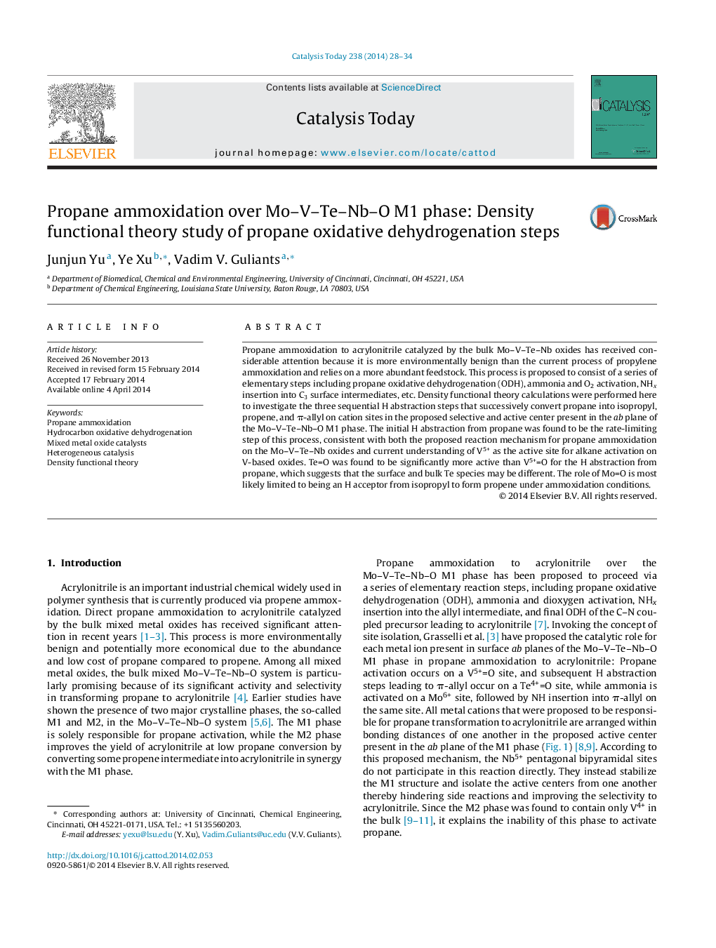 Propane ammoxidation over Mo–V–Te–Nb–O M1 phase: Density functional theory study of propane oxidative dehydrogenation steps