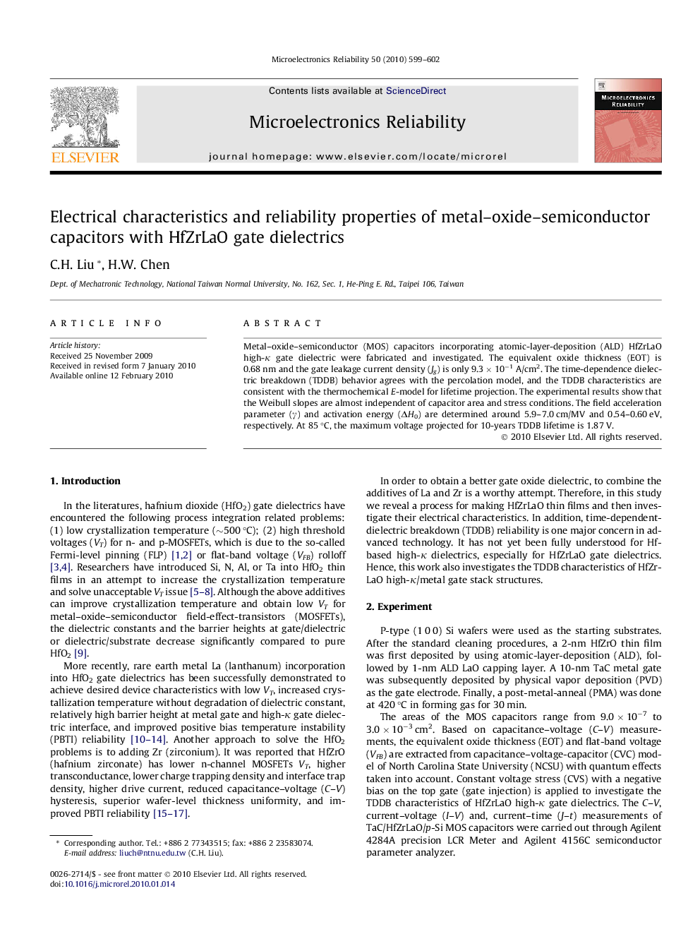 Electrical characteristics and reliability properties of metal–oxide–semiconductor capacitors with HfZrLaO gate dielectrics