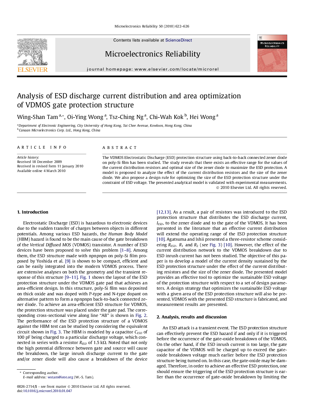 عکس صفحه اول مقاله: Analysis of ESD discharge current distribution and area optimization of VDMOS gate protection structure Analysis of ESD discharge current distribution and area optimization of VDMOS gate protection structure