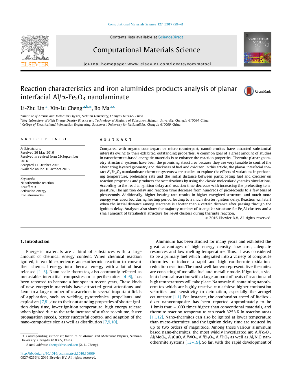 Reaction characteristics and iron aluminides products analysis of planar interfacial Al/Î±-Fe2O3 nanolaminate