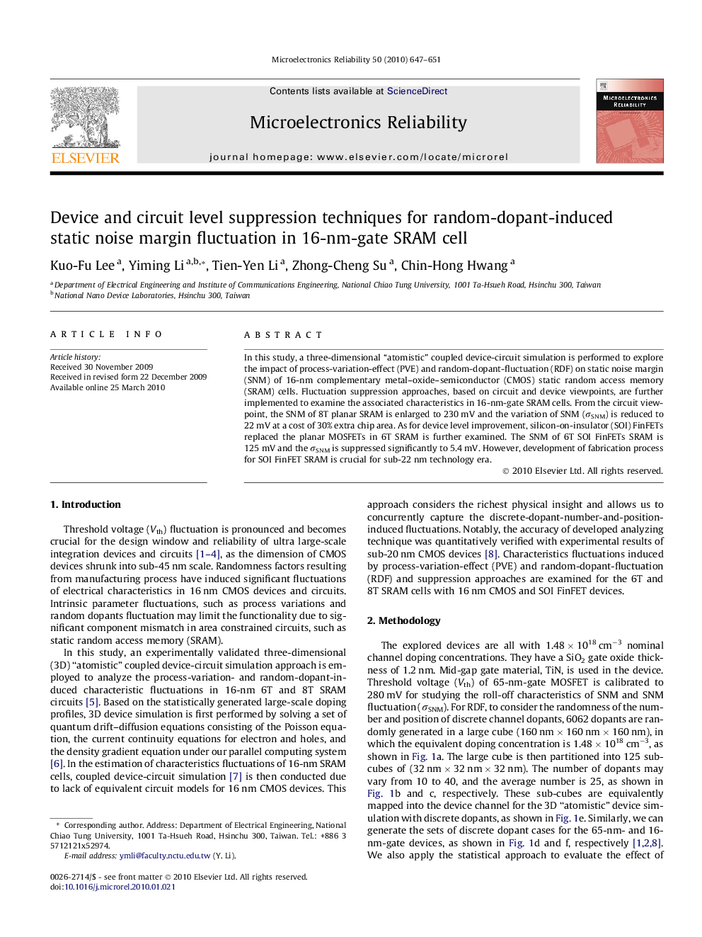 Device and circuit level suppression techniques for random-dopant-induced static noise margin fluctuation in 16-nm-gate SRAM cell