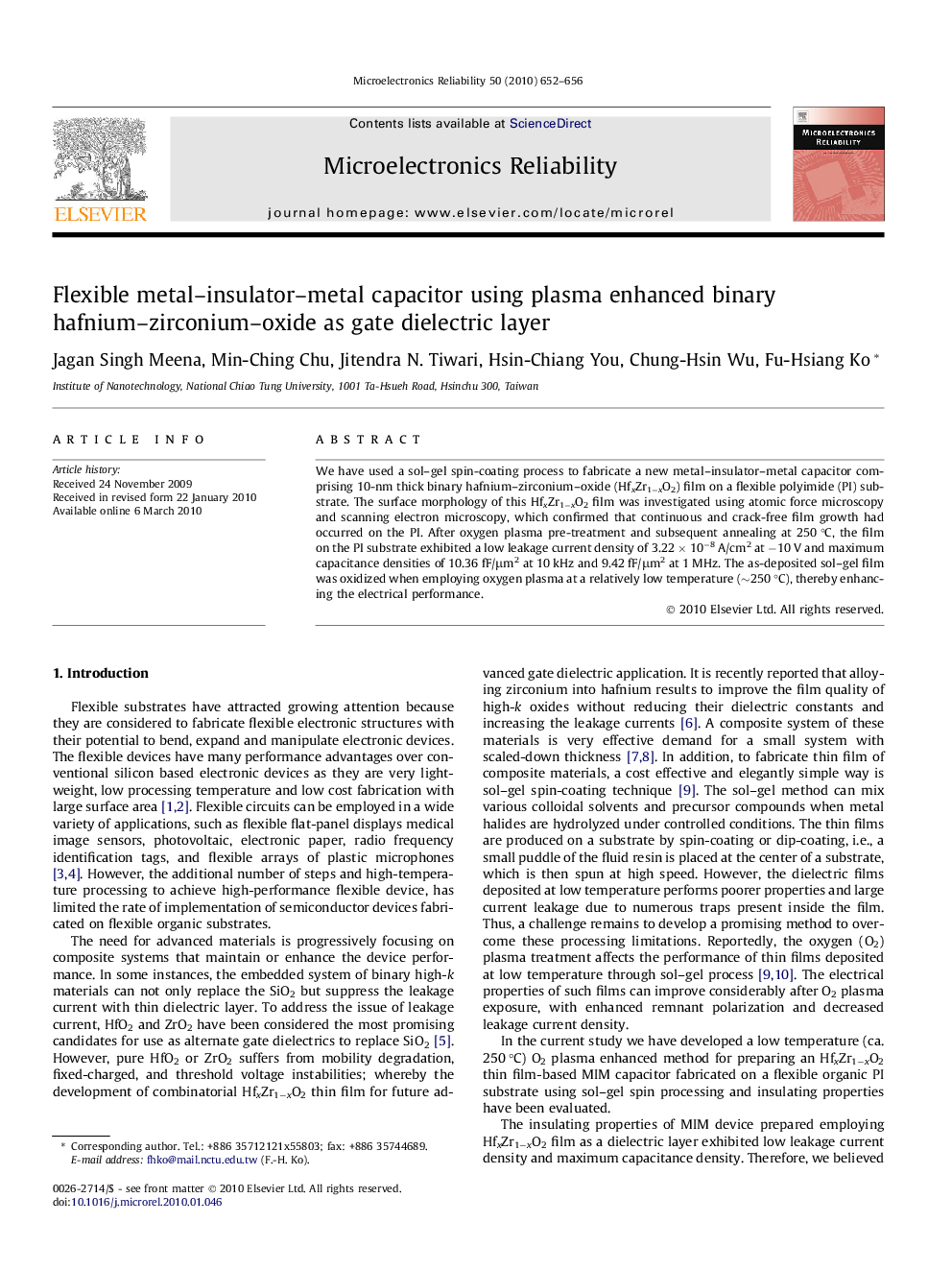 Flexible metal–insulator–metal capacitor using plasma enhanced binary hafnium–zirconium–oxide as gate dielectric layer