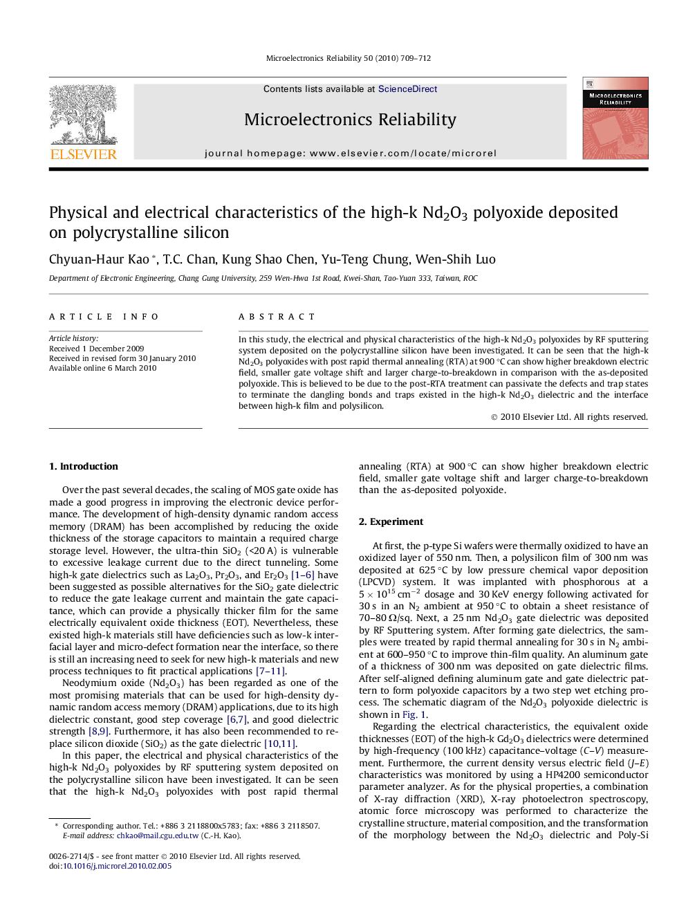 عکس صفحه اول مقاله: Physical and electrical characteristics of the high-k Nd2O3 polyoxide deposited on polycrystalline silicon Physical and electrical characteristics of the high-k Nd2O3 polyoxide deposited on polycrystalline silicon