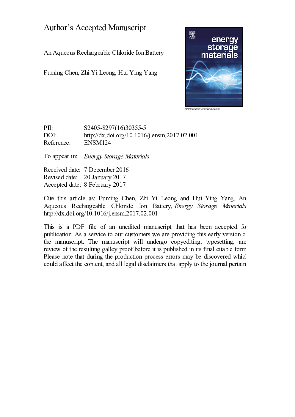 An aqueous rechargeable chloride ion battery