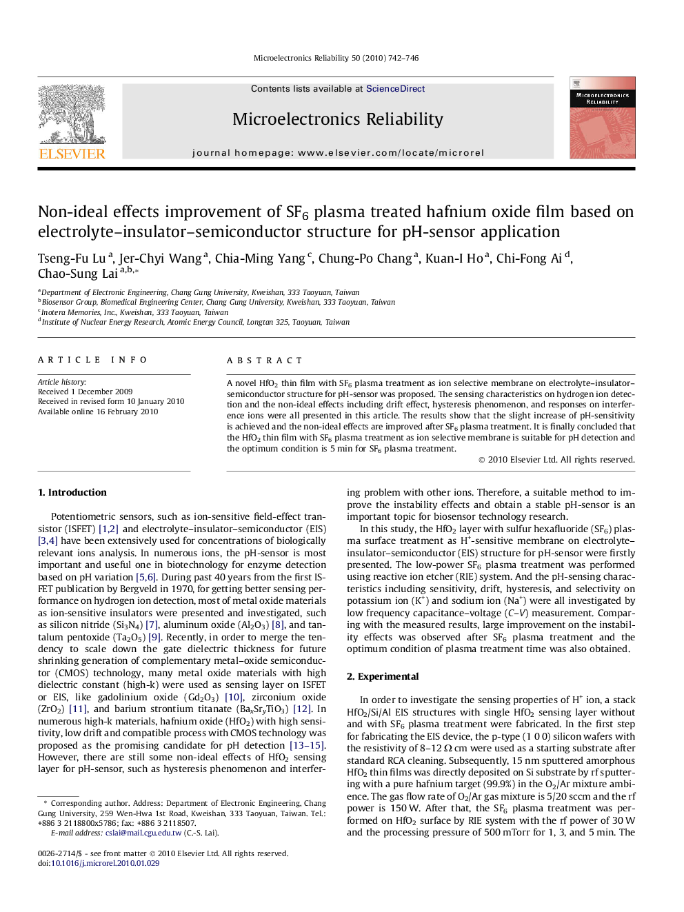 عکس صفحه اول مقاله: Non-ideal effects improvement of SF6 plasma treated hafnium oxide film based on electrolyte–insulator–semiconductor structure for pH-sensor application Non-ideal effects improvement of SF6 plasma treated hafnium oxide film based on electrolyte–insulator–semiconductor structure for pH-sensor application