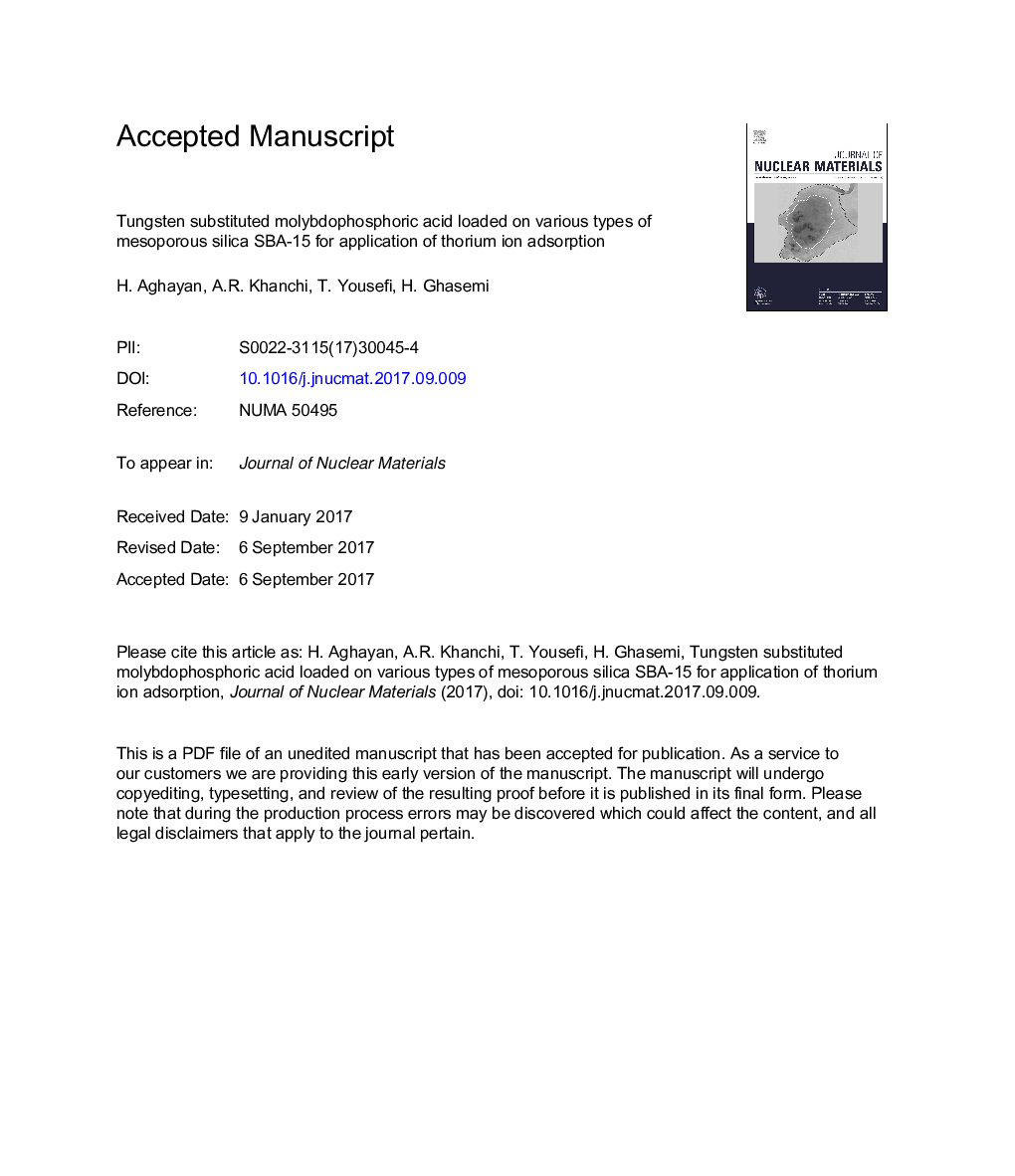 عکس صفحه اول مقاله: Tungsten substituted molybdophosphoric acid loaded on various types of mesoporous silica SBA-15 for application of thorium ion adsorption Tungsten substituted molybdophosphoric acid loaded on various types of mesoporous silica SBA-15 for application of thorium ion adsorption