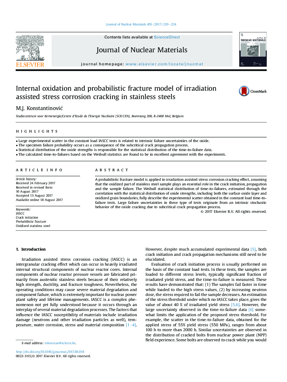 Internal oxidation and probabilistic fracture model of irradiation assisted stress corrosion cracking in stainless steels