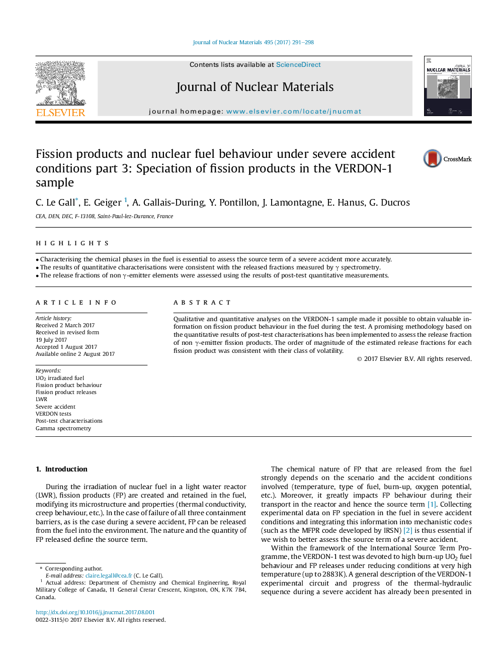 Fission products and nuclear fuel behaviour under severe accident conditions part 3: Speciation of fission products in the VERDON-1 sample