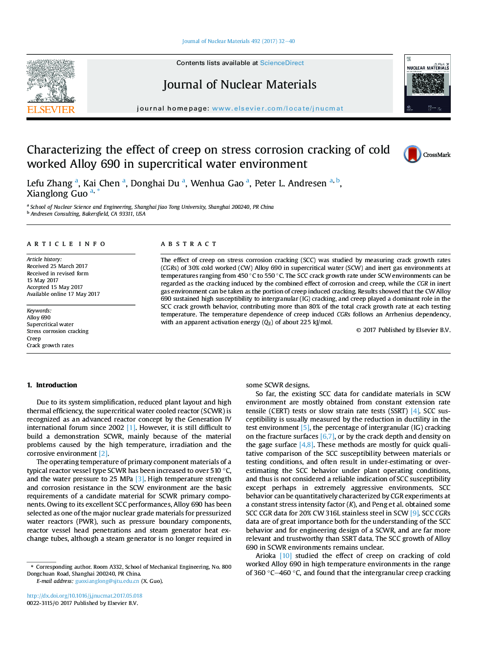 Characterizing the effect of creep on stress corrosion cracking of cold worked Alloy 690 in supercritical water environment