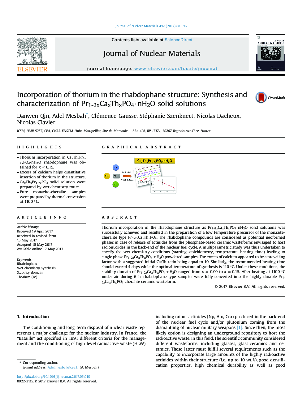 Incorporation of thorium in the rhabdophane structure: Synthesis and characterization of Pr1-2xCaxThxPO4Â·nH2O solid solutions