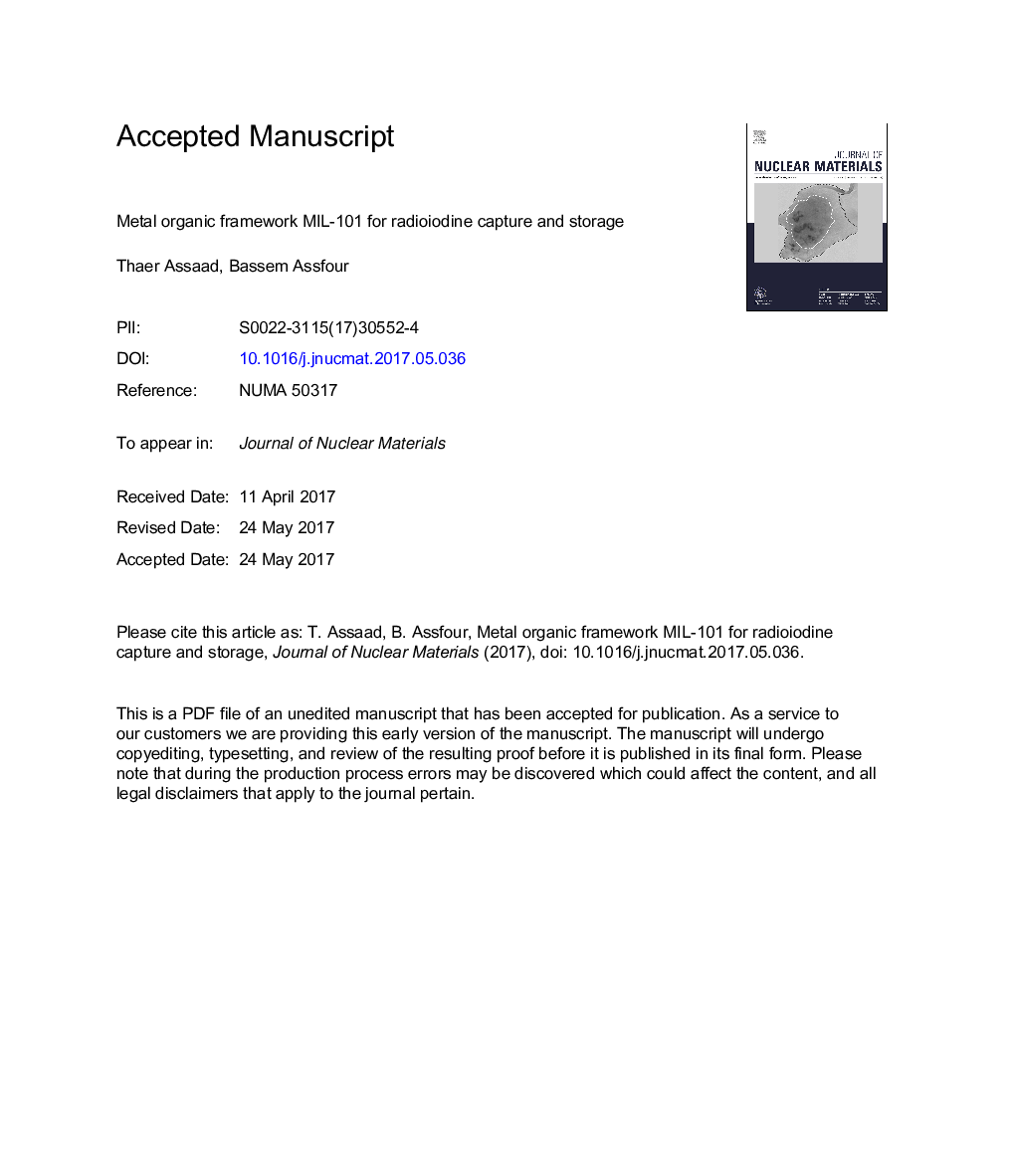 عکس صفحه اول مقاله: Metal organic framework MIL-101 for radioiodine capture and storage Metal organic framework MIL-101 for radioiodine capture and storage