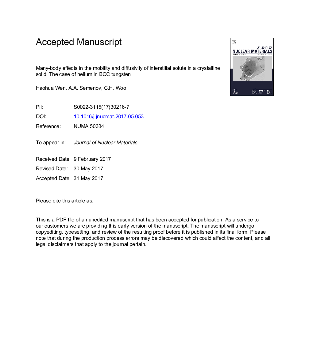 Many-body effects in the mobility and diffusivity of interstitial solute in a crystalline solid: The case of helium in BCC tungsten