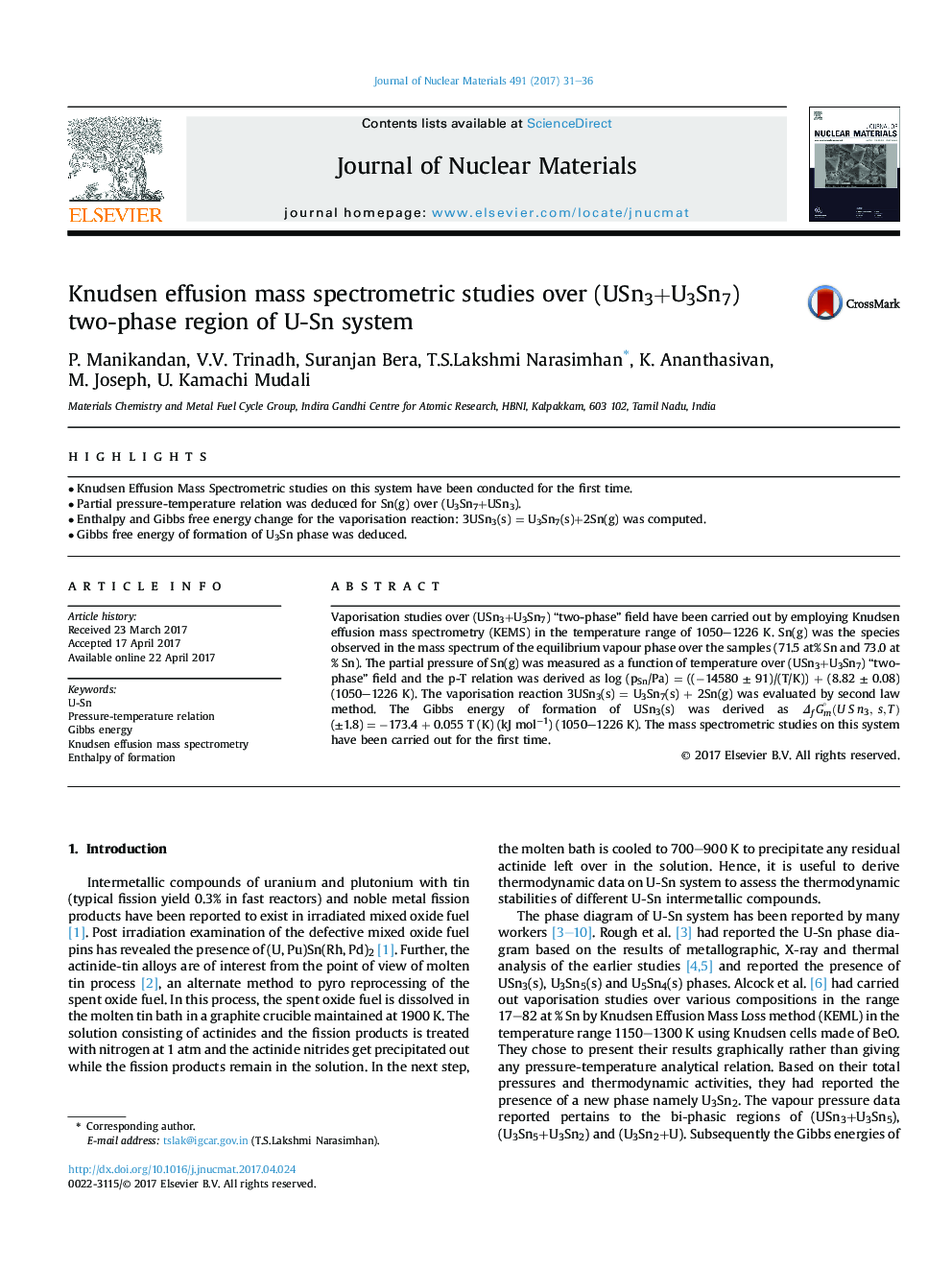 Knudsen effusion mass spectrometric studies over (USn3+U3Sn7) two-phase region of U-Sn system
