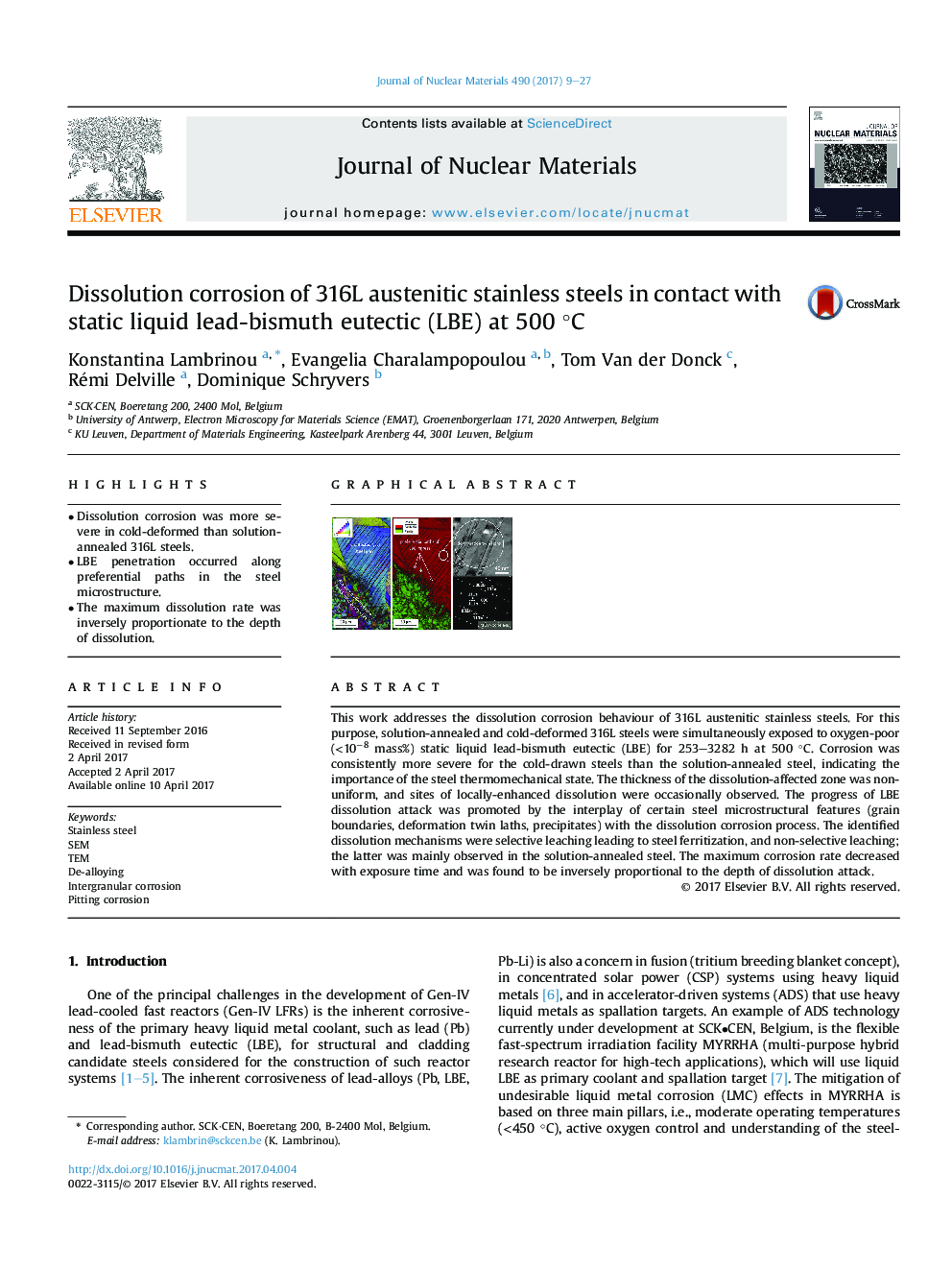 عکس صفحه اول مقاله: Dissolution corrosion of 316L austenitic stainless steels in contact with static liquid lead-bismuth eutectic (LBE) at 500 °C Dissolution corrosion of 316L austenitic stainless steels in contact with static liquid lead-bismuth eutectic (LBE) at 500 °C
