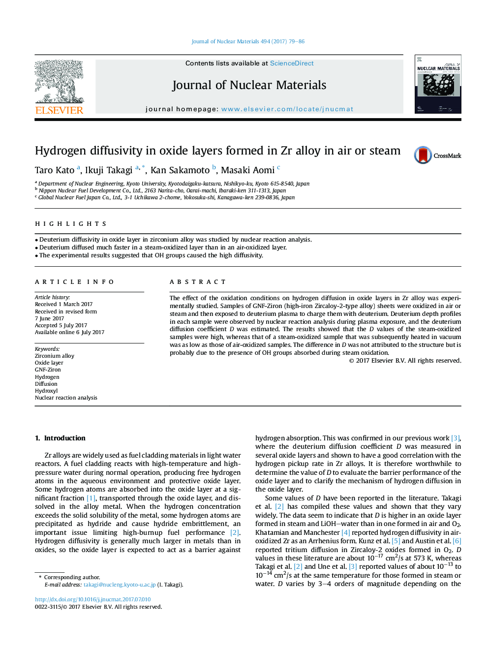 Hydrogen diffusivity in oxide layers formed in Zr alloy in air or steam