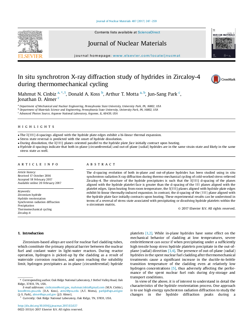 In situ synchrotron X-ray diffraction study of hydrides in Zircaloy-4 during thermomechanical cycling