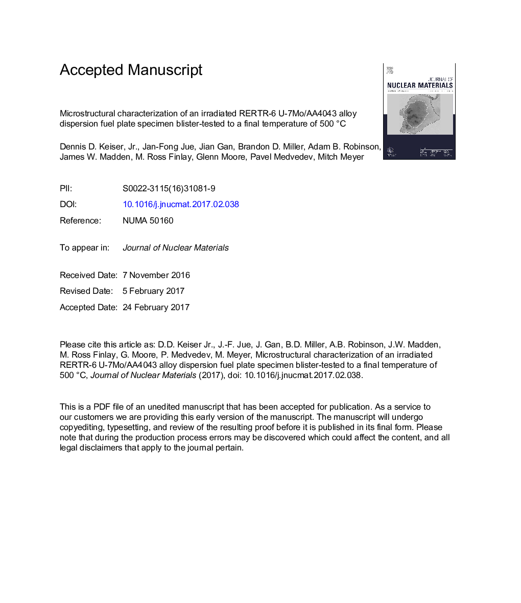 Microstructural characterization of an irradiated RERTR-6 U-7Mo/AA4043 alloy dispersion fuel plate specimen blister-tested to a final temperature of 500Â Â°C