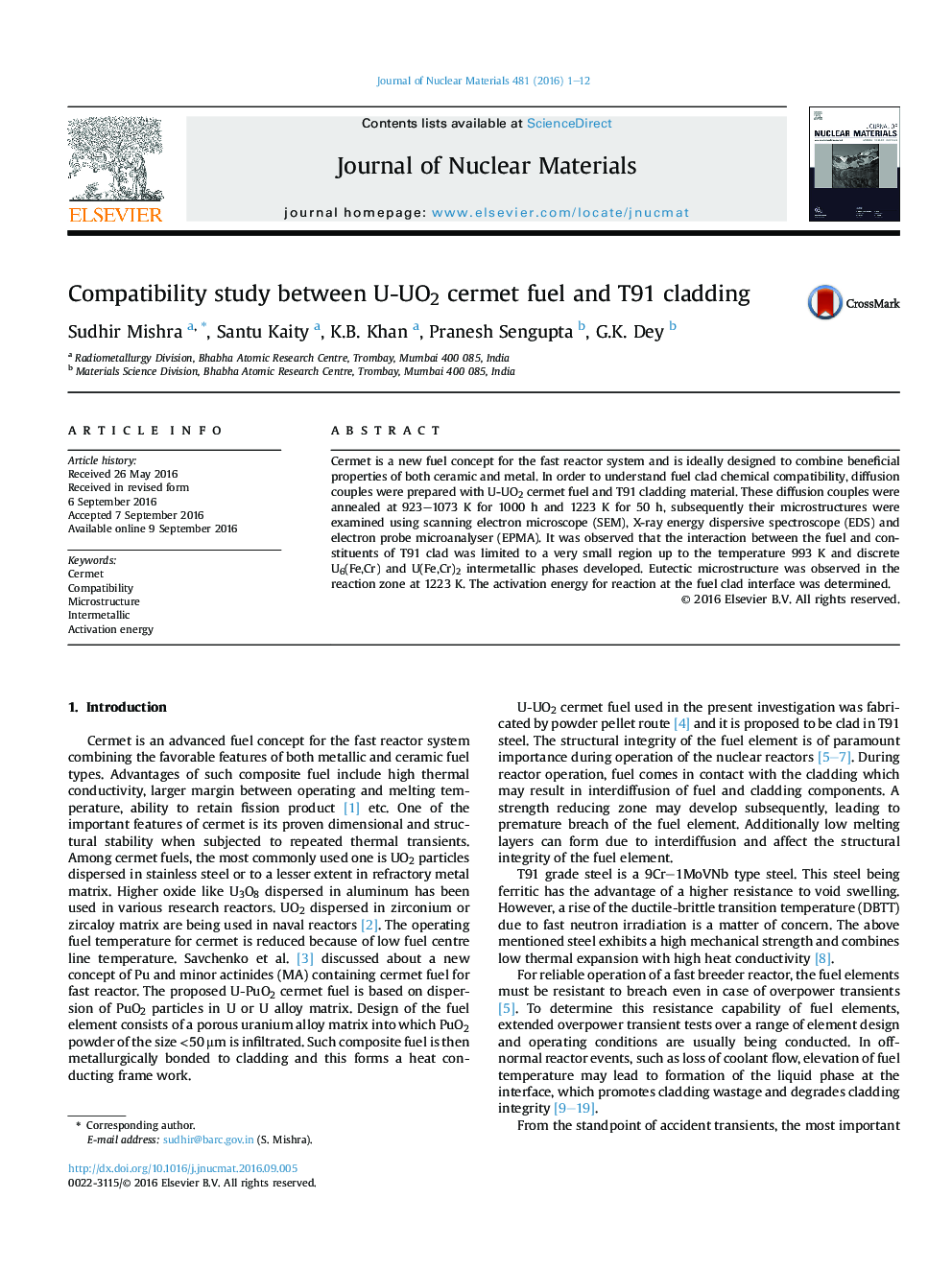 Compatibility study between U-UO2 cermet fuel and T91 cladding