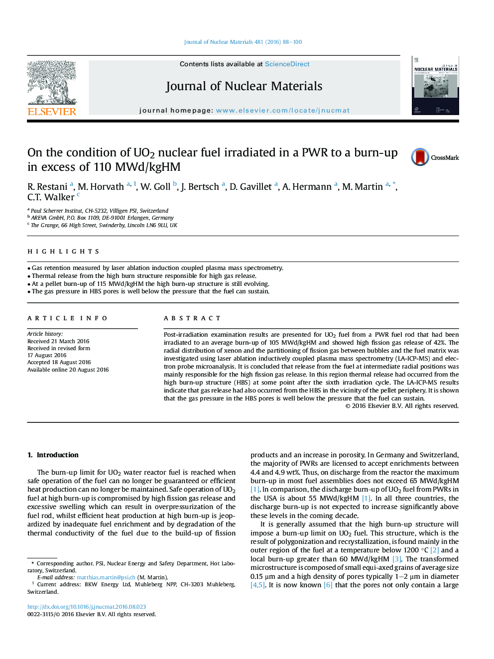 On the condition of UO2 nuclear fuel irradiated in a PWR to a burn-up in excess of 110Â MWd/kgHM