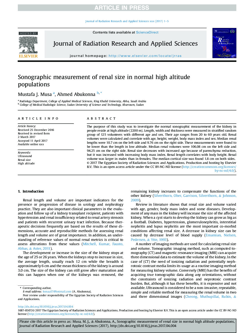 Sonographic measurement of renal size in normal high altitude populations