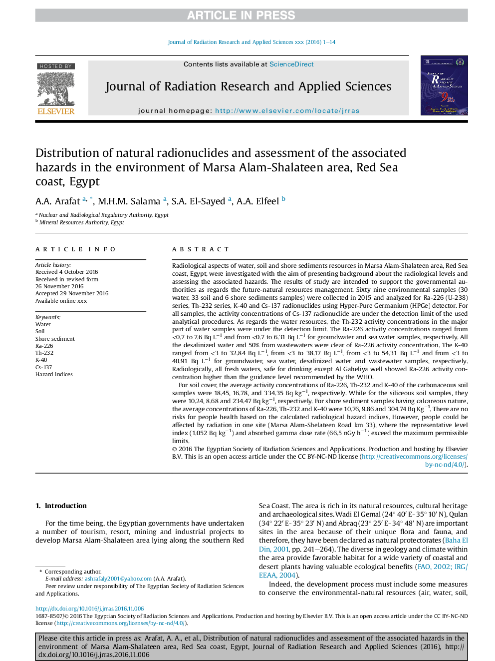 توزیع رادیونوکلئید طبیعی و ارزیابی خطرات مرتبط با آن در محدوده مریسا آلام شالاتین، ساحل دریای سرخ، مصر 