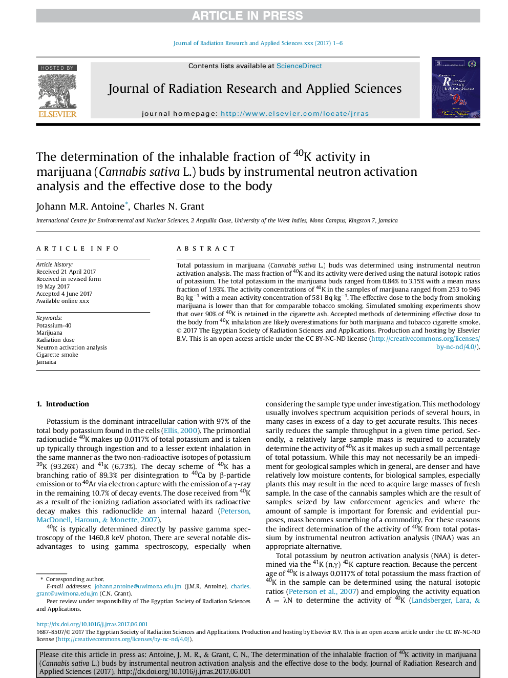 The determination of the inhalable fraction of 40K activity in marijuana (Cannabis sativa L.) buds by instrumental neutron activation analysis and the effective dose to the body