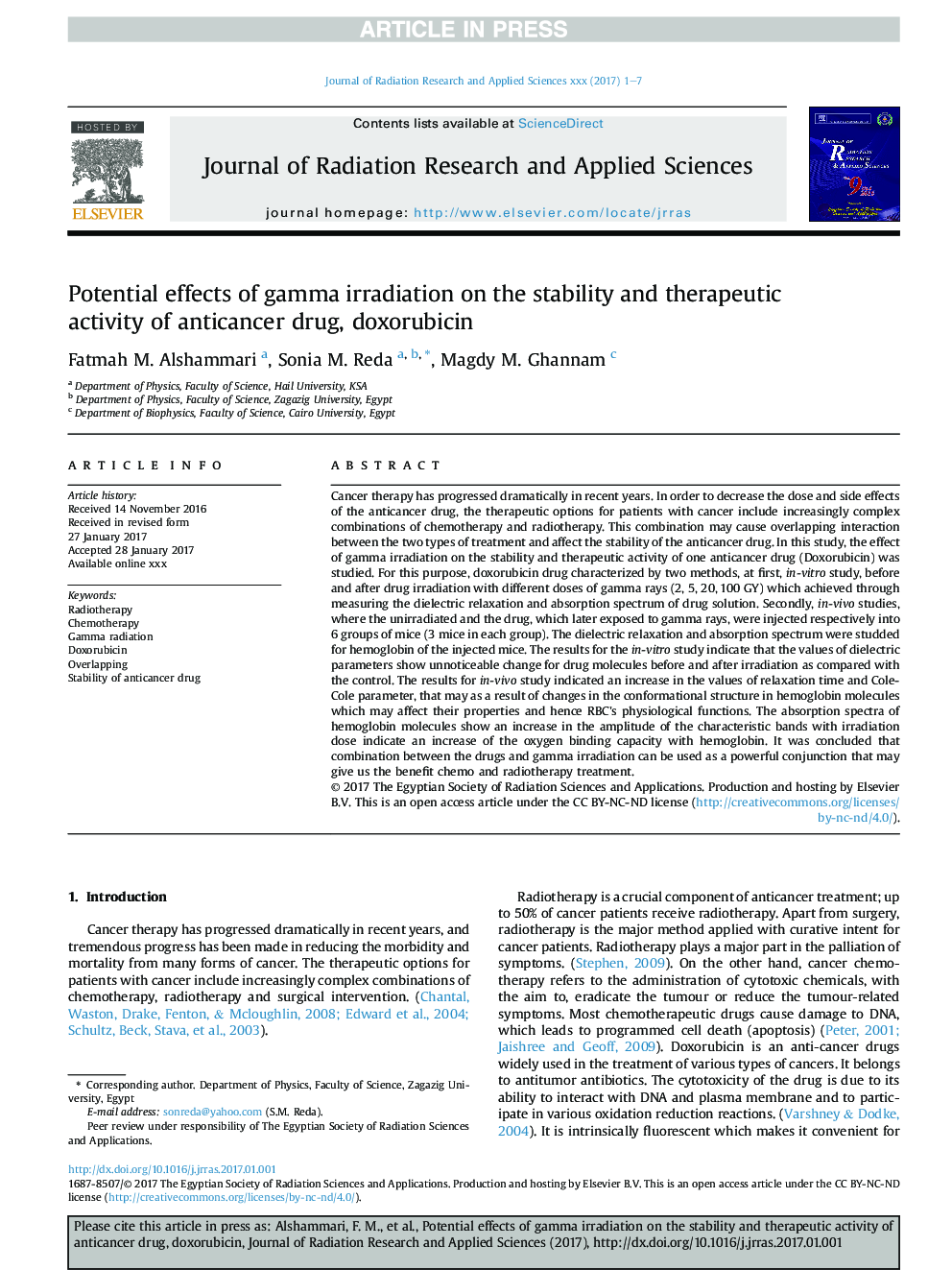 Potential effects of gamma irradiation on the stability and therapeutic activity of anticancer drug, doxorubicin