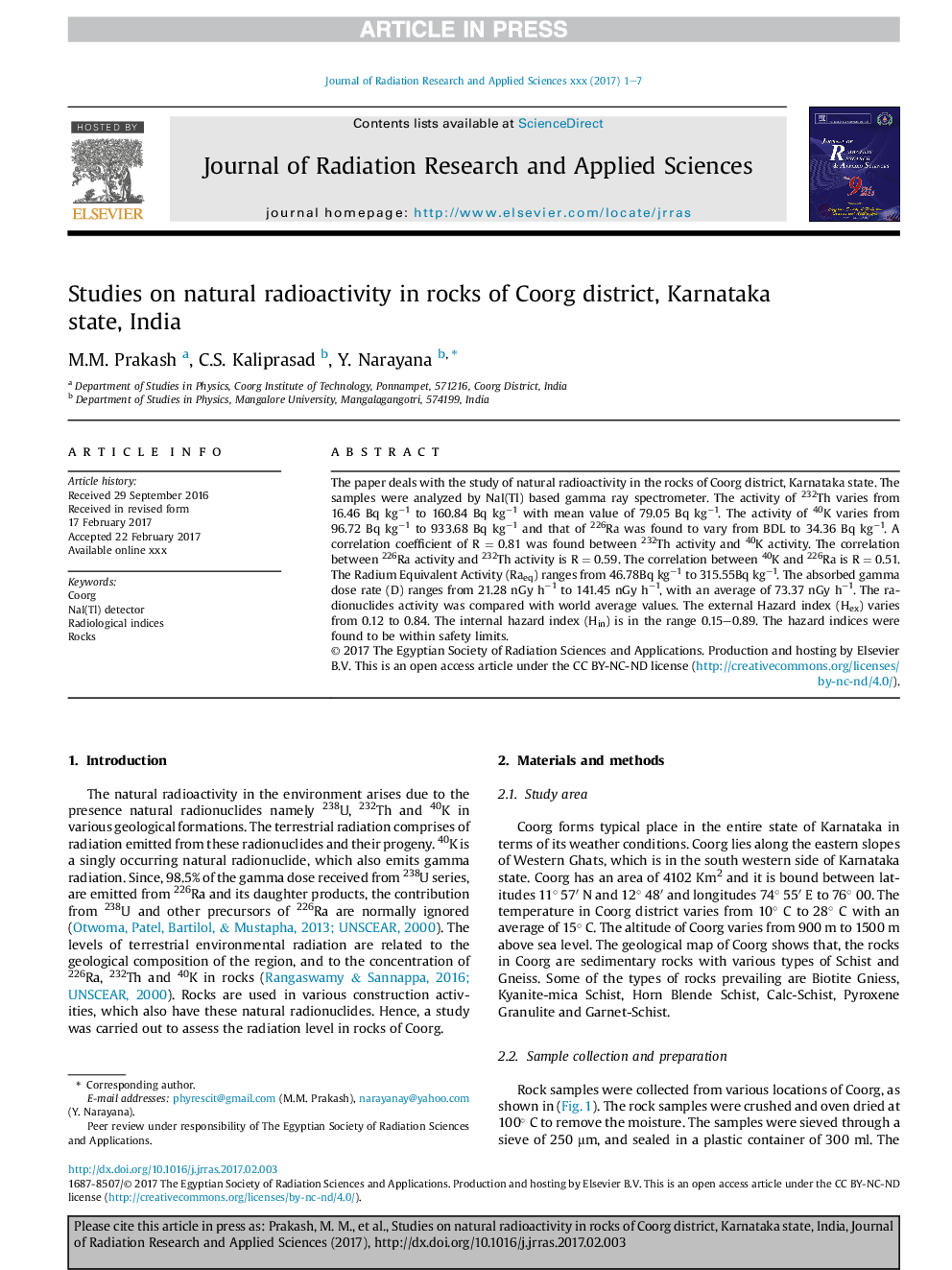 Studies on natural radioactivity in rocks of Coorg district, Karnataka state, India