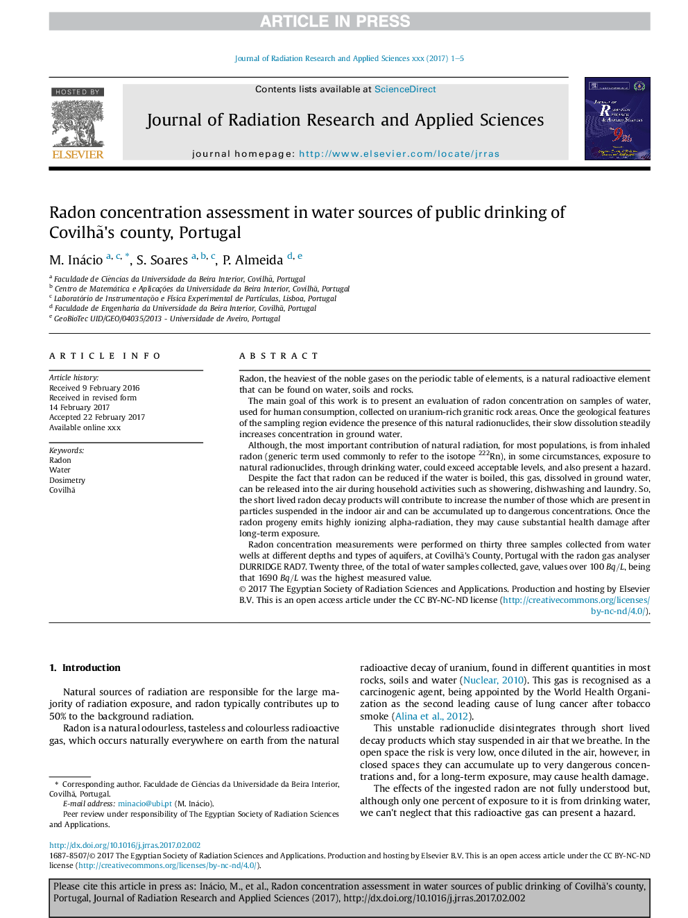 Radon concentration assessment in water sources of public drinking of CovilhÃ£'s county, Portugal