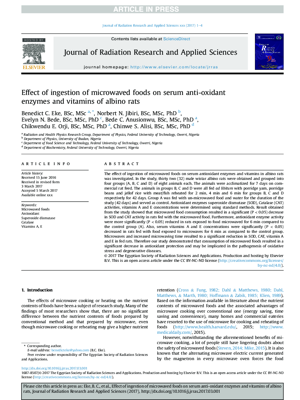 Effect of ingestion of microwaved foods on serum anti-oxidant enzymes and vitamins of albino rats