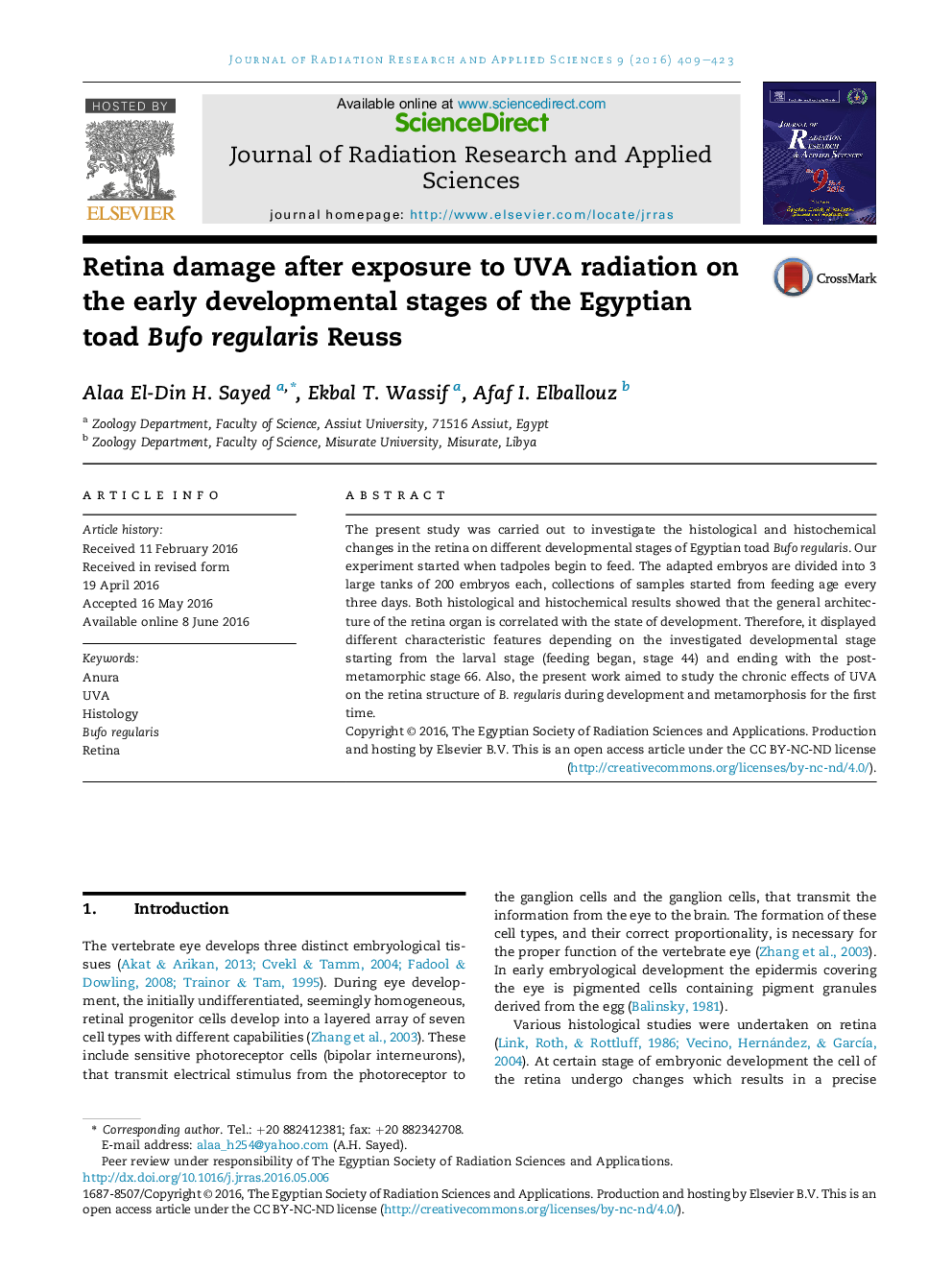 Retina damage after exposure to UVA radiation on the early developmental stages of the Egyptian toad Bufo regularis Reuss