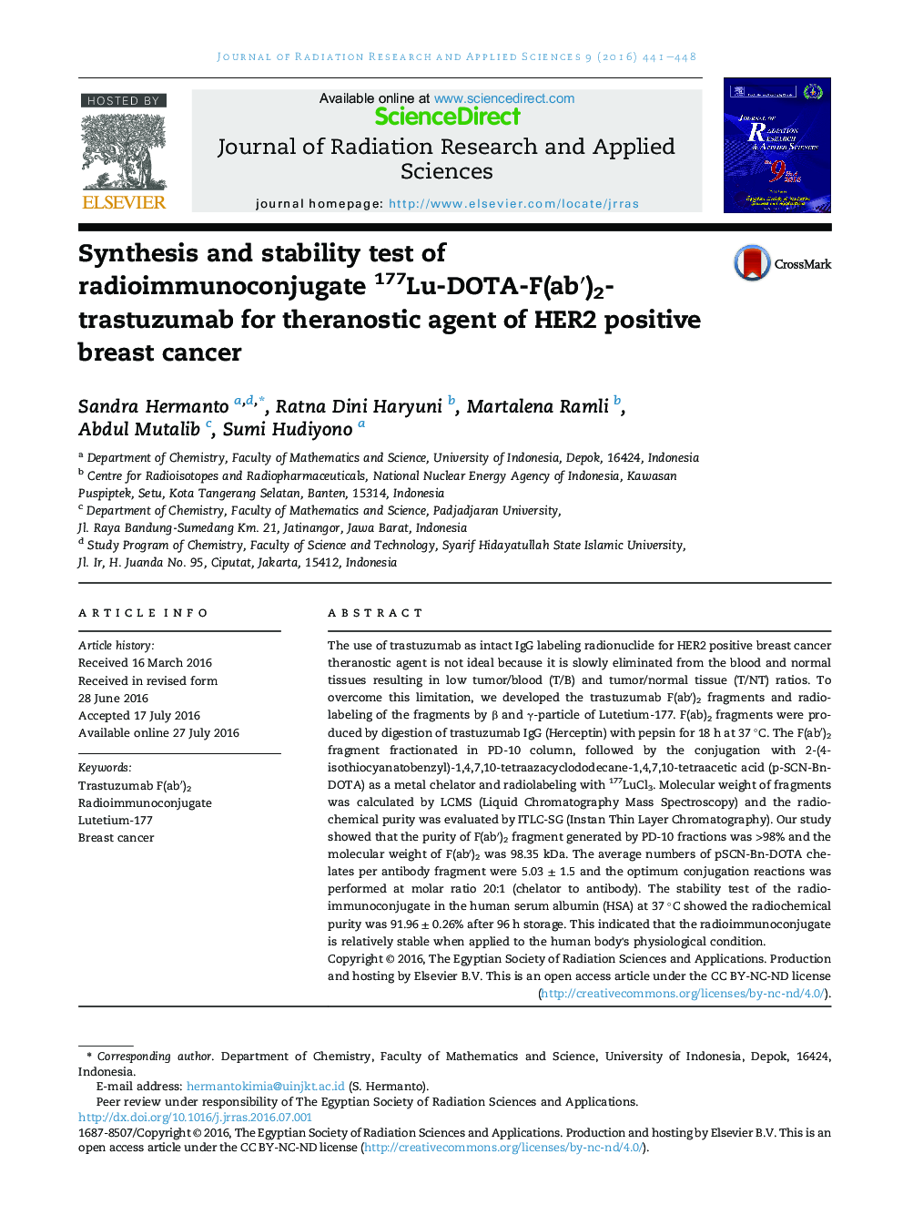 Synthesis and stability test of radioimmunoconjugate 177Lu-DOTA-F(abâ²)2-trastuzumab for theranostic agent of HER2 positive breast cancer