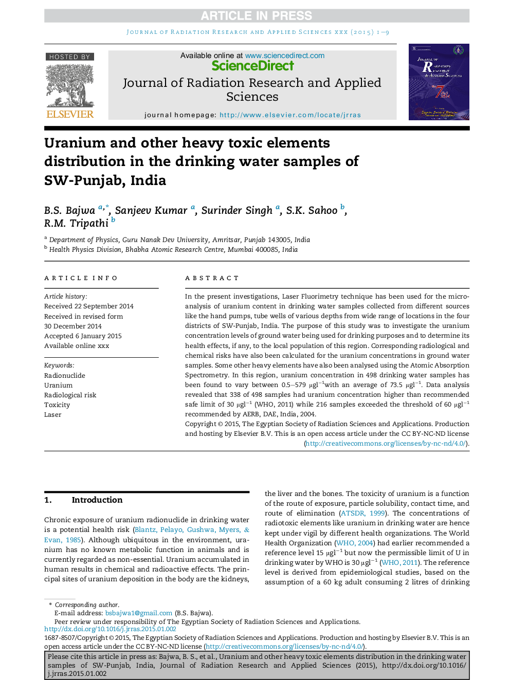 Uranium and other heavy toxic elements distribution in the drinking water samples of SW-Punjab, India