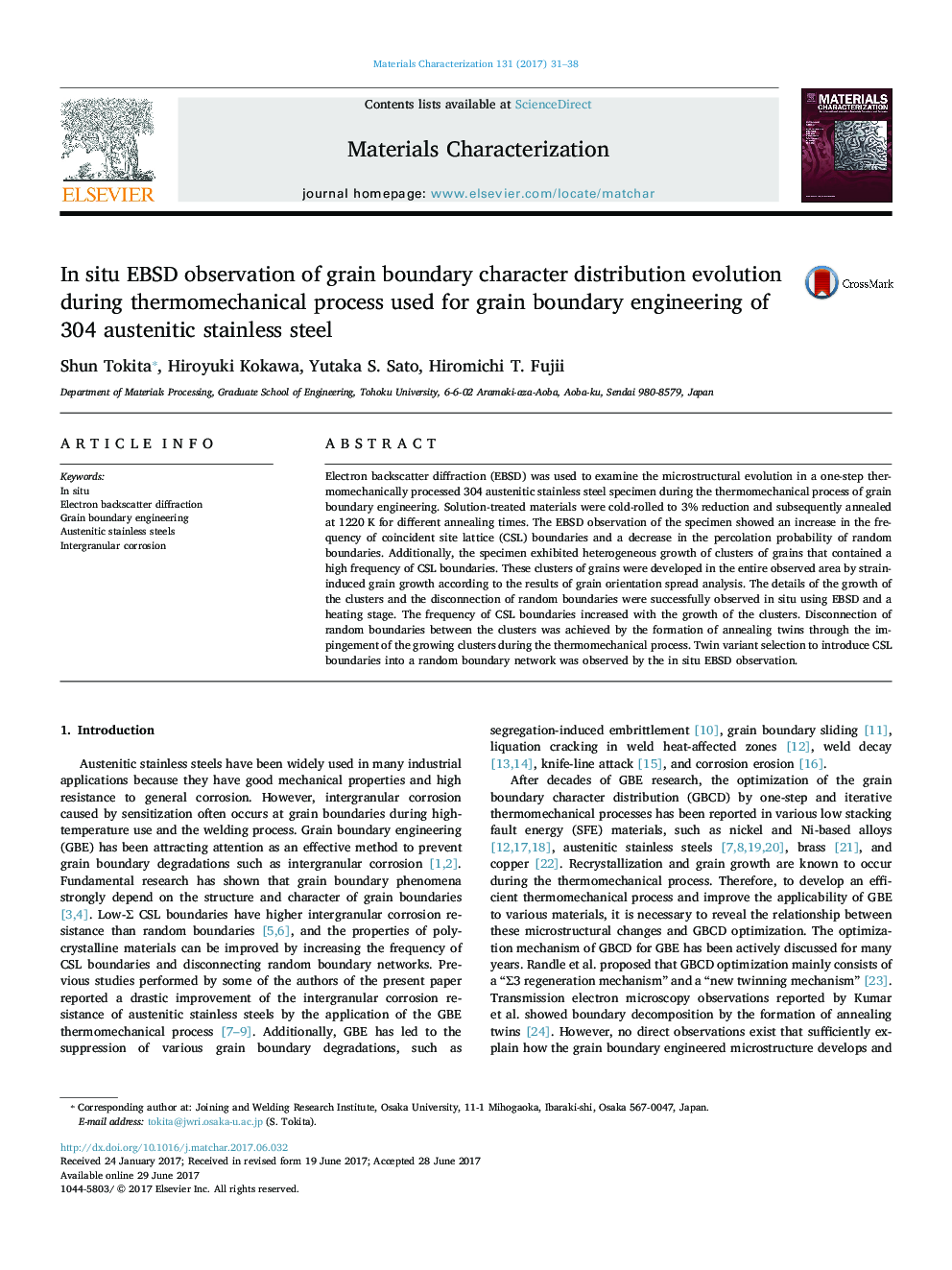 In situ EBSD observation of grain boundary character distribution evolution during thermomechanical process used for grain boundary engineering of 304 austenitic stainless steel