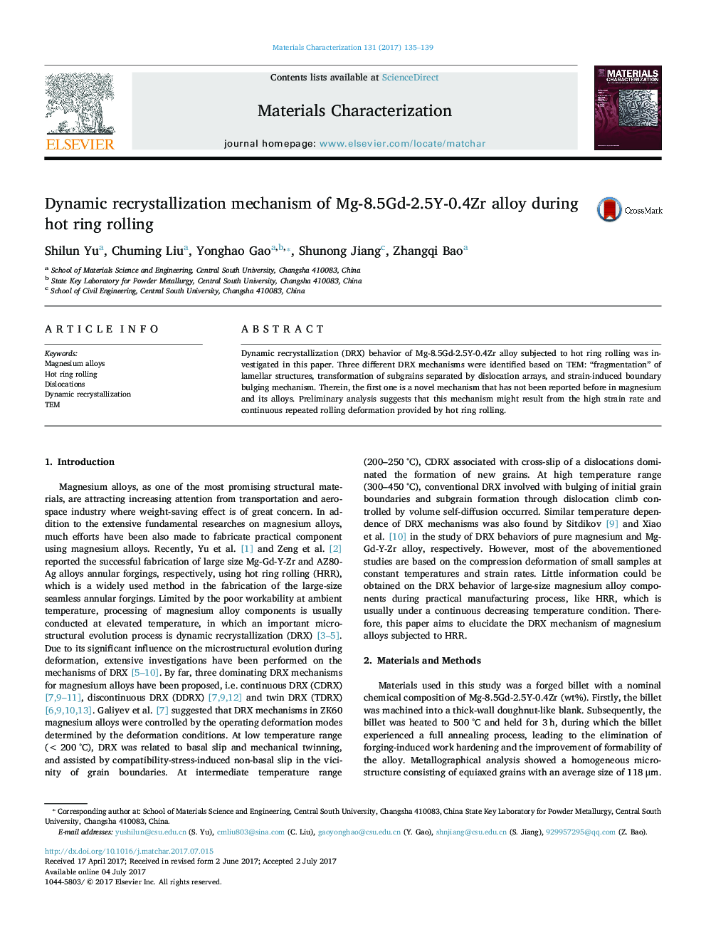 Dynamic recrystallization mechanism of Mg-8.5Gd-2.5Y-0.4Zr alloy during hot ring rolling