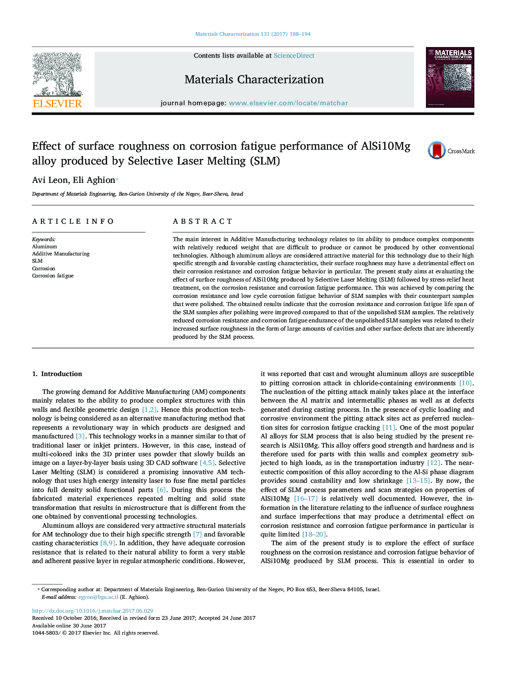 Effect of surface roughness on corrosion fatigue performance of AlSi10Mg alloy produced by Selective Laser Melting (SLM)