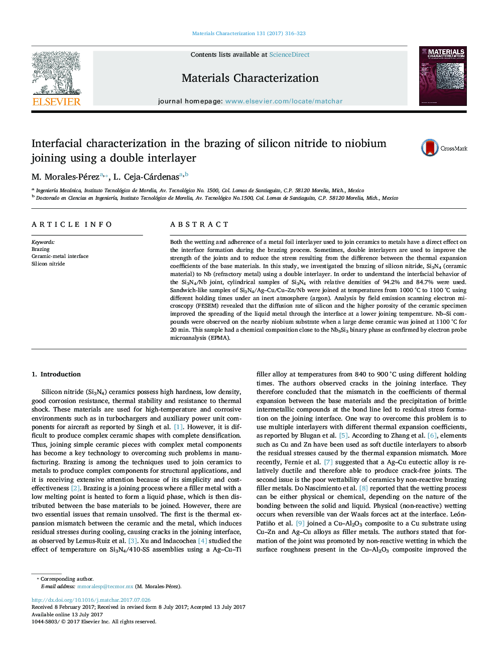 Interfacial characterization in the brazing of silicon nitride to niobium joining using a double interlayer