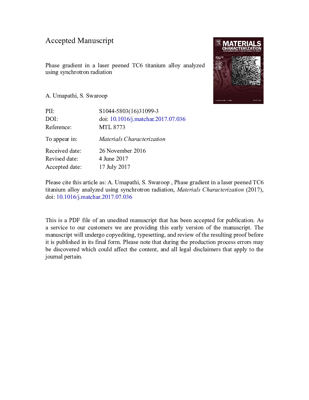 Phase gradient in a laser peened TC6 titanium alloy analyzed using synchrotron radiation