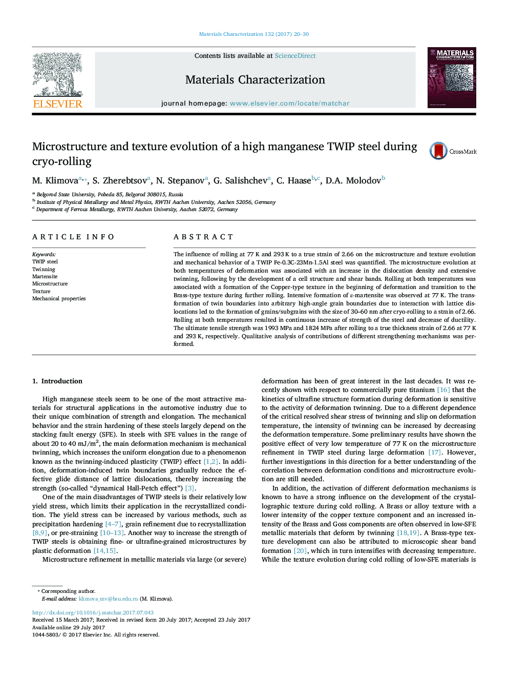 Microstructure and texture evolution of a high manganese TWIP steel during cryo-rolling