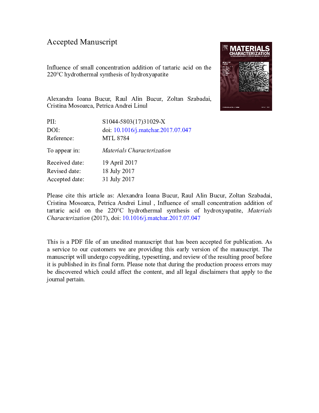 Influence of small concentration addition of tartaric acid on the 220Â Â°C hydrothermal synthesis of hydroxyapatite