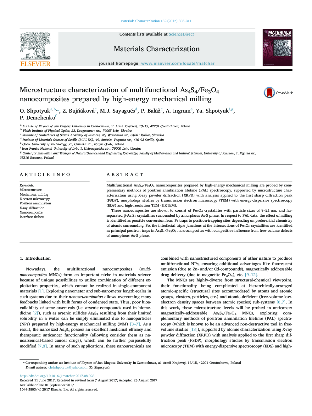 Microstructure characterization of multifunctional As4S4/Fe3O4 nanocomposites prepared by high-energy mechanical milling