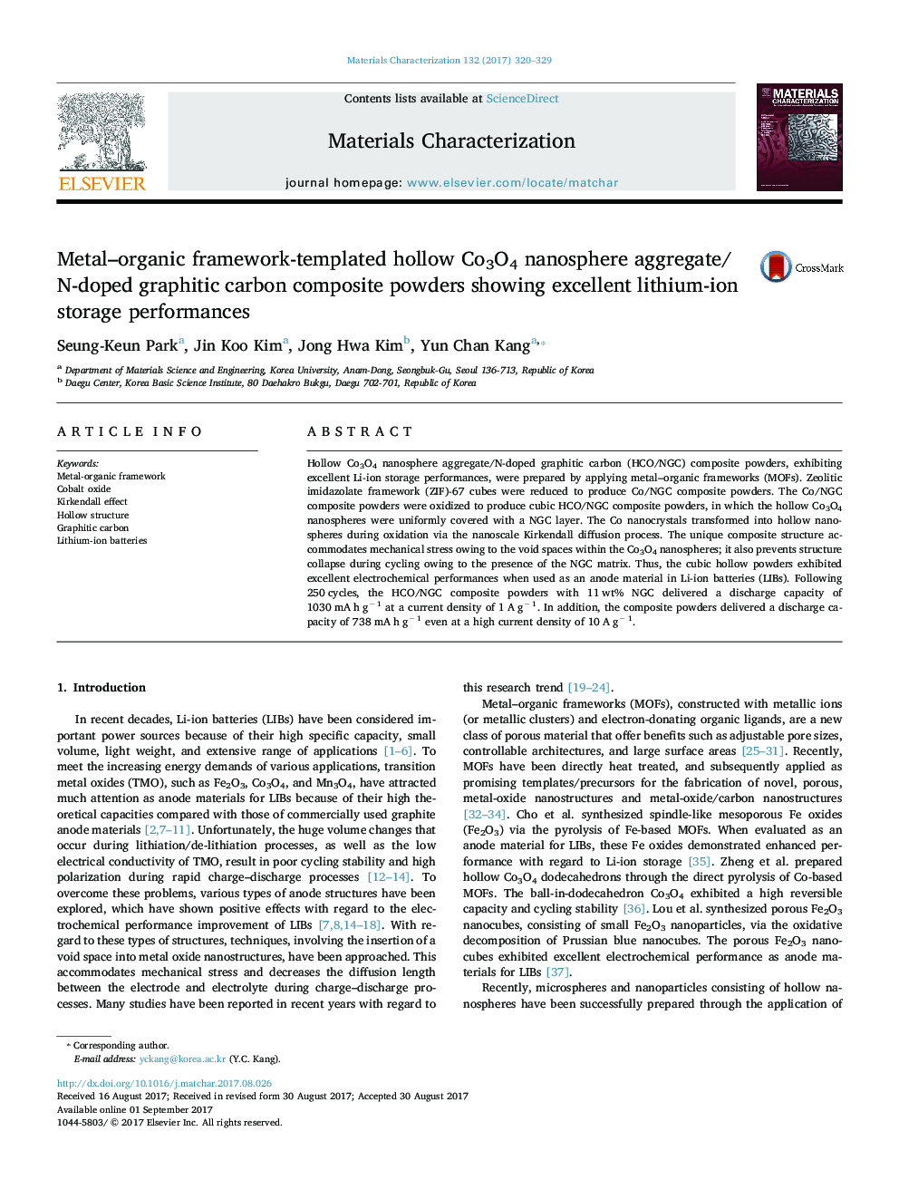 Metal-organic framework-templated hollow Co3O4 nanosphere aggregate/N-doped graphitic carbon composite powders showing excellent lithium-ion storage performances