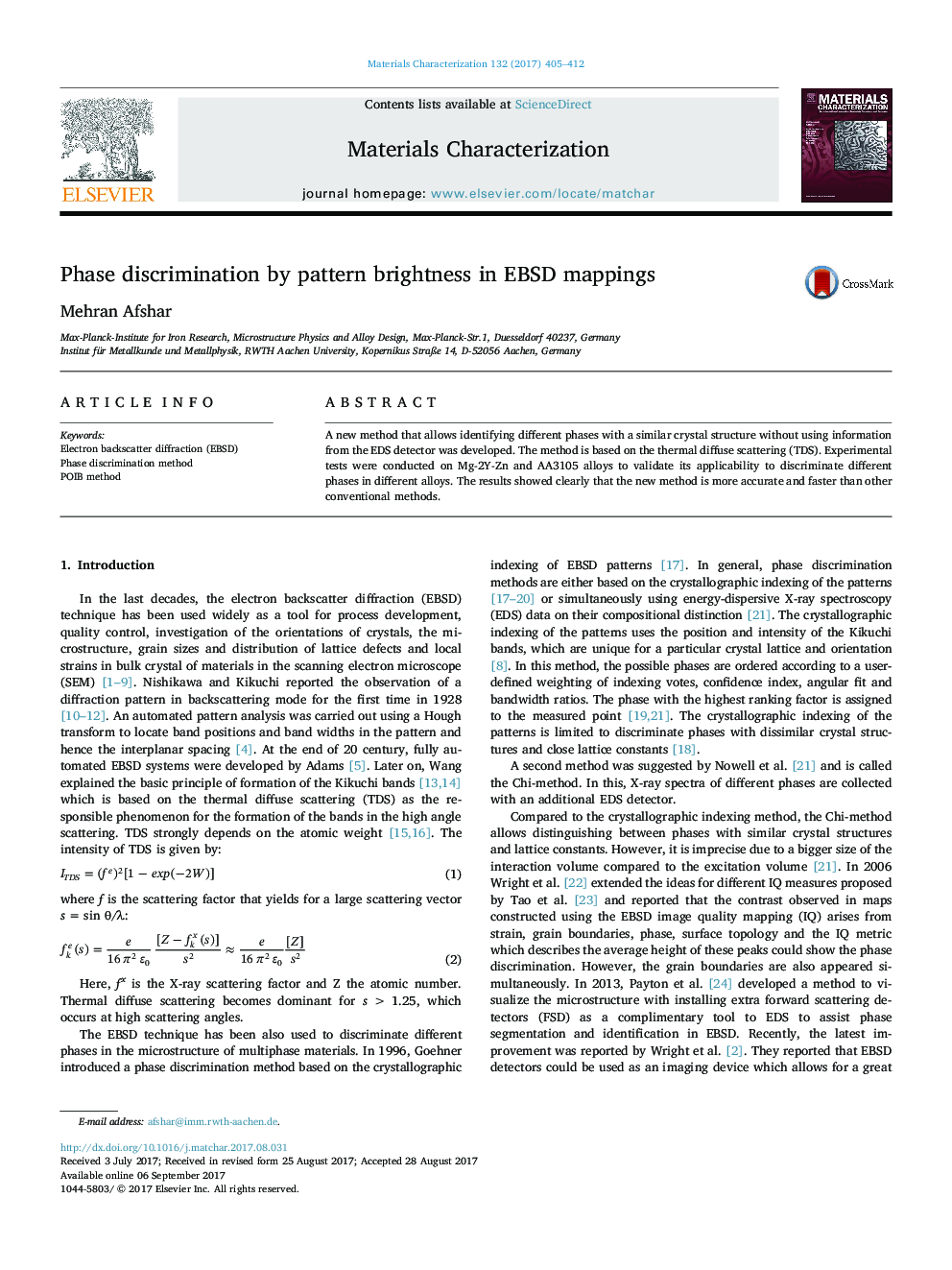 Phase discrimination by pattern brightness in EBSD mappings