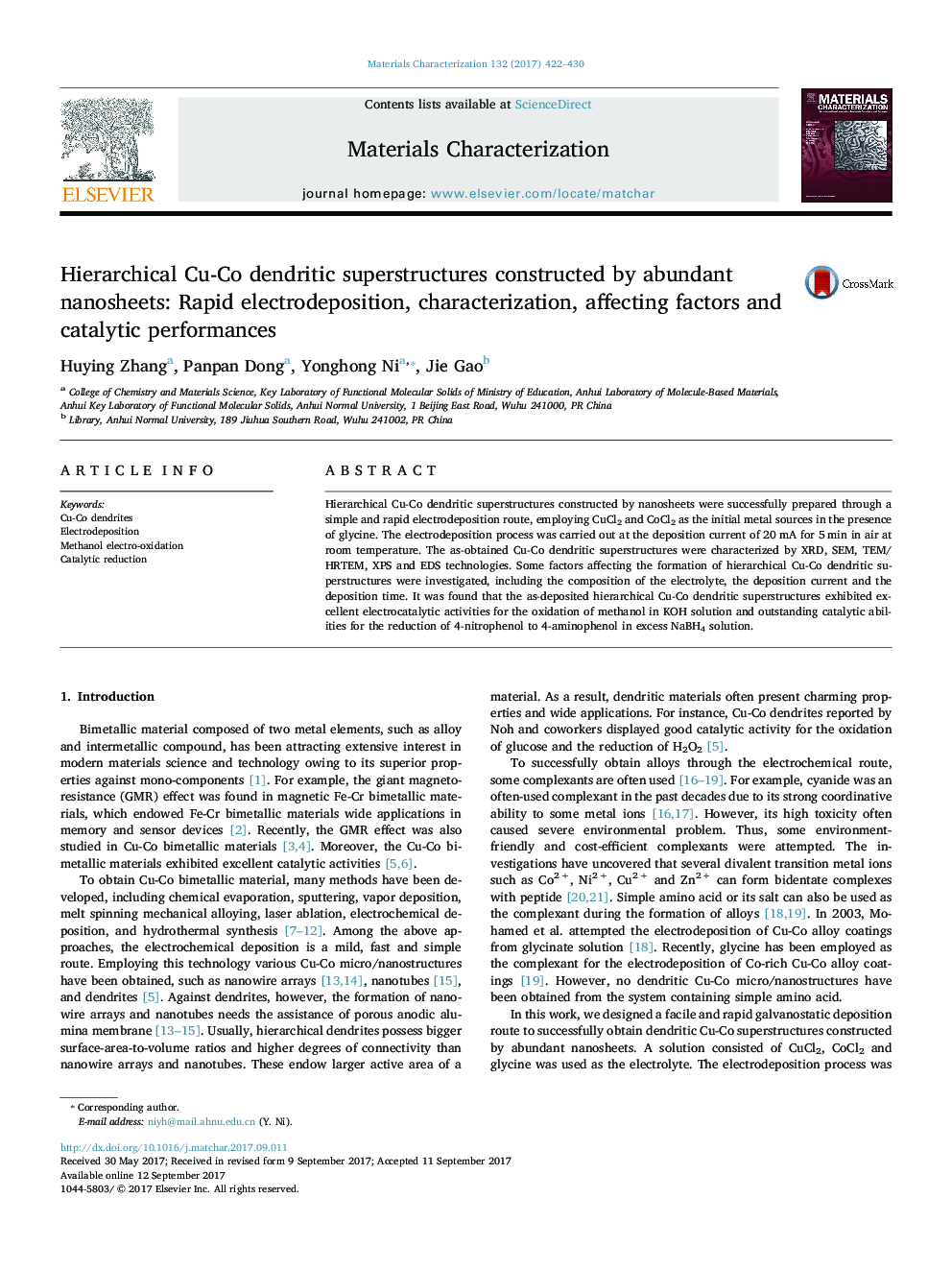 Hierarchical Cu-Co dendritic superstructures constructed by abundant nanosheets: Rapid electrodeposition, characterization, affecting factors and catalytic performances