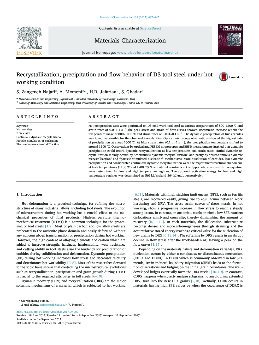 Recrystallization, precipitation and flow behavior of D3 tool steel under hot working condition