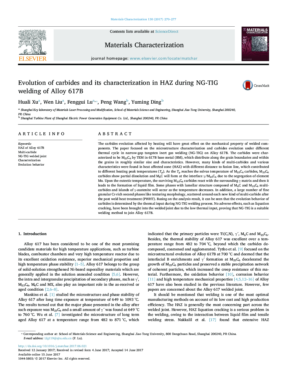 Evolution of carbides and its characterization in HAZ during NG-TIG welding of Alloy 617B