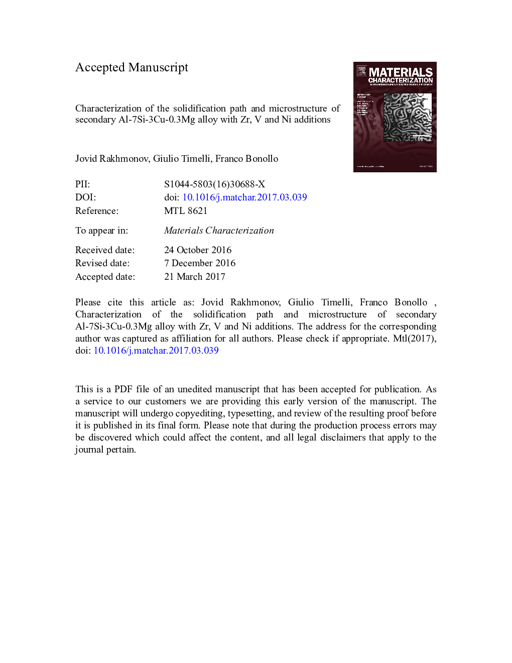 Characterization of the solidification path and microstructure of secondary Al-7Si-3Cu-0.3Mg alloy with Zr, V and Ni additions